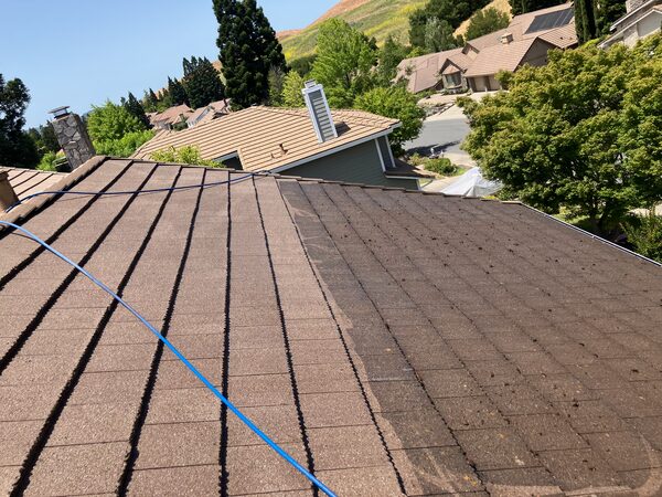 Tile roof surface with cleaning hose and roof access context